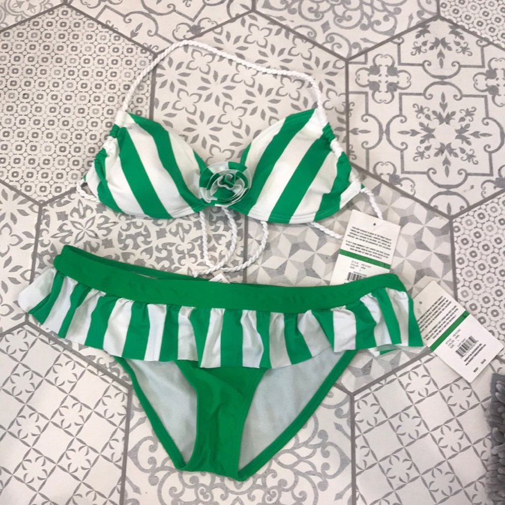 NWT size L Hobie 2 piece bikini green/white